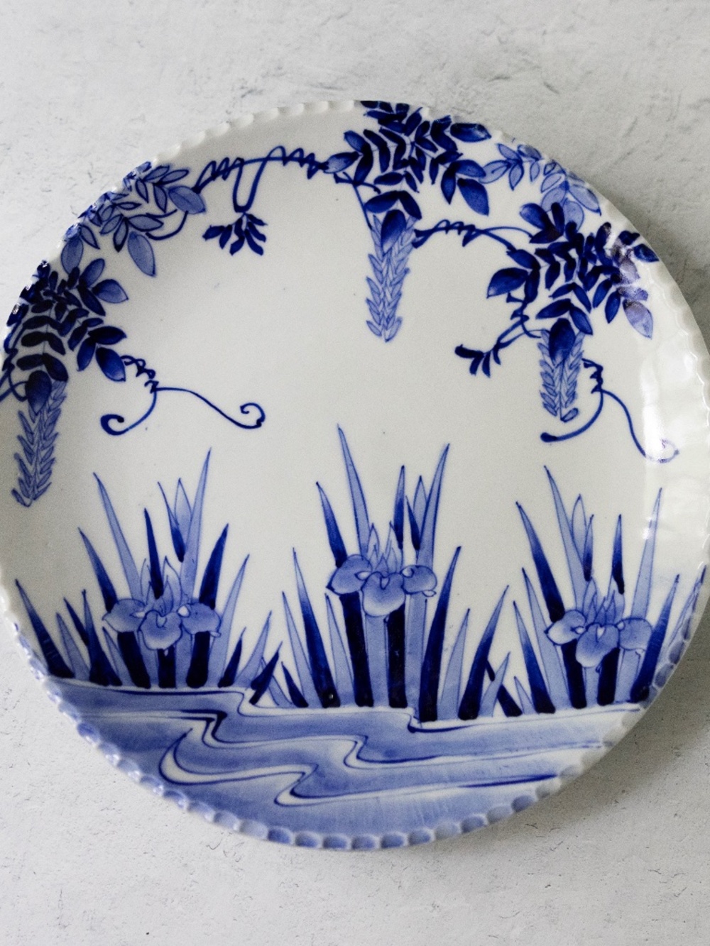 Japanese? vintage blue white plate with iris and wisteria 10.5 inches
